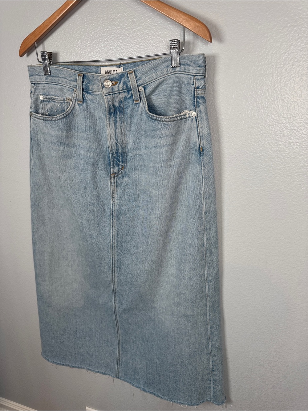 Agolde Hilla Light Blue Cotton Denim Maxi Skirt with frayed hem size 28 - Picture 3 of 10